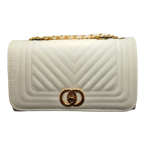 White Chevron Quilted Handbag Gold Tone Hardware - Picture 1 of 7